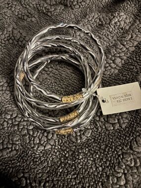 Silver Wrapped Bangle Bracelet Set of 5 with Gold Accents
